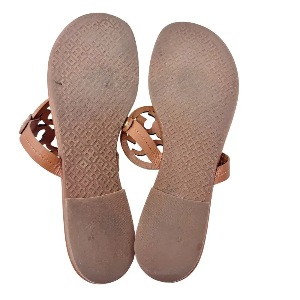 Tory Burch Miller Sandals Brown Leather Logo Thong Flat Size 10